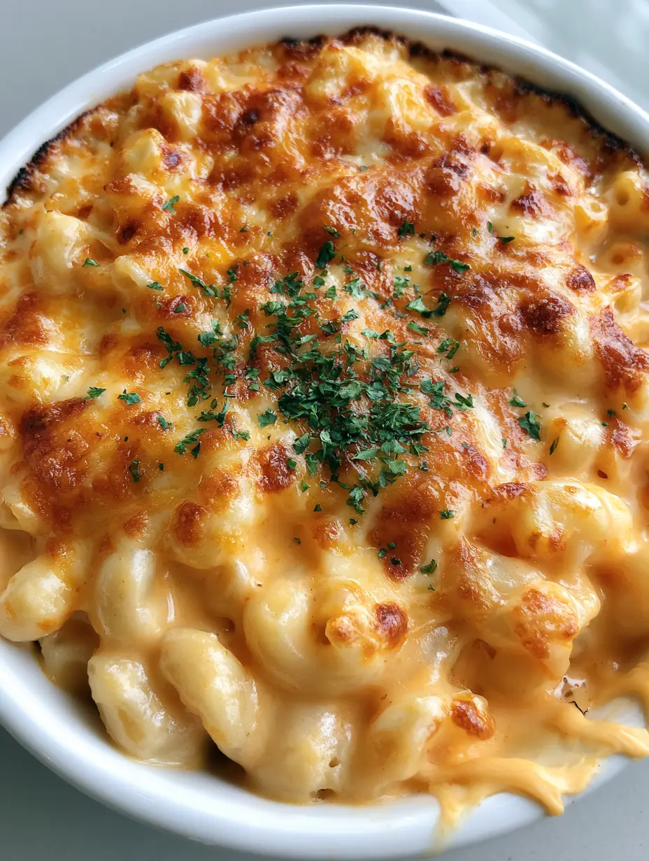 Overhead smartphone photo of Baked Macaroni and Cheese in a white ceramic bowl with glossy orange sauce and charred edges.