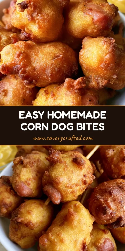 A tall stack of golden Homemade Corn Dog Bites on wooden skewers served with a side of yellow mustard.