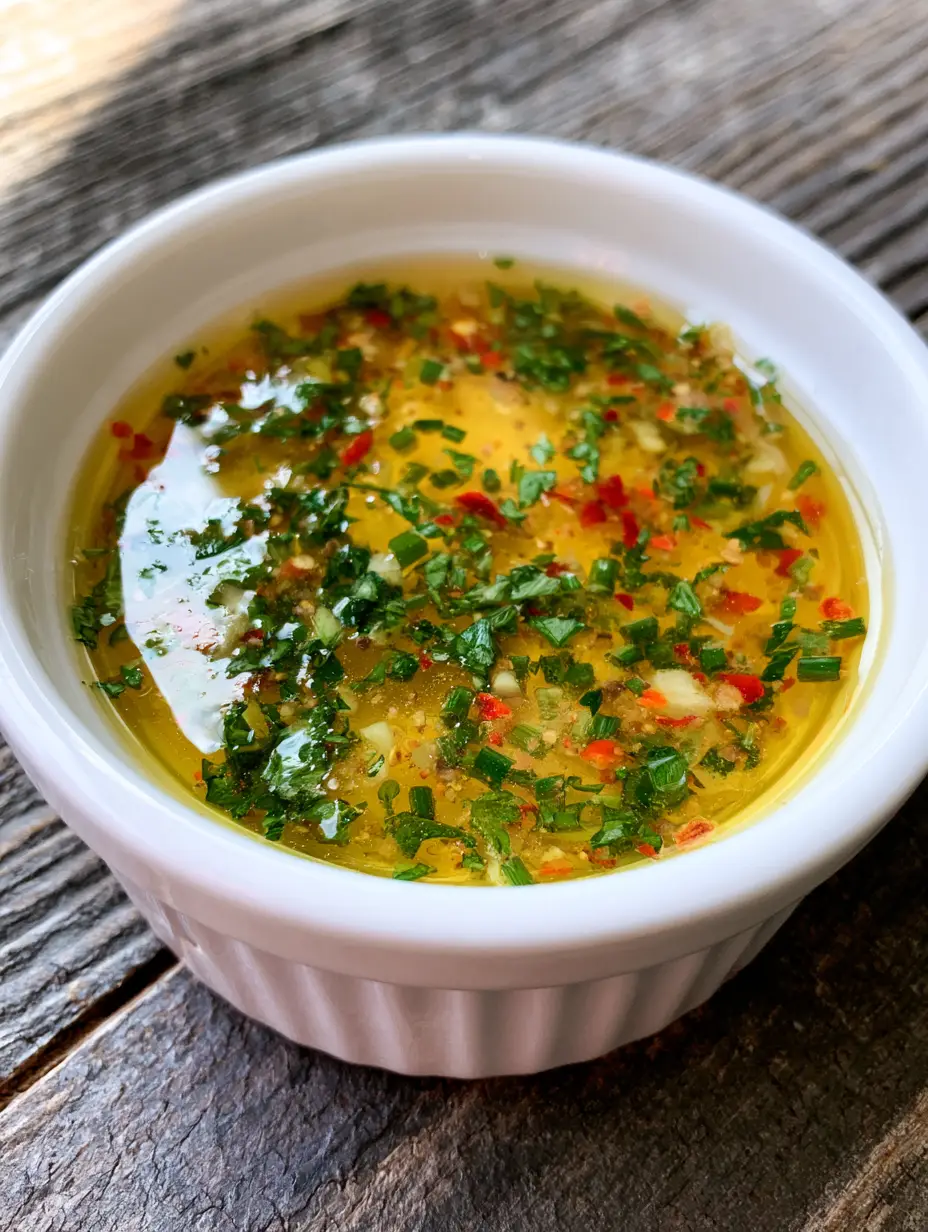 Close up of glossy Cowboy Butter in a white ramekin on a dark wood table with visible flecks of garlic and herbs. (Cowboy Butter)