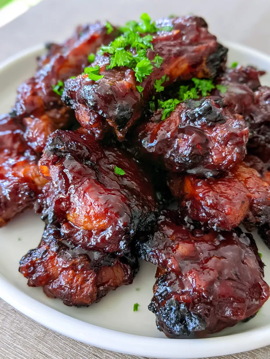 Close-up of Oven Baked Country Style Ribs showing the caramelized sauce crust and charred meat edges on a wooden table.