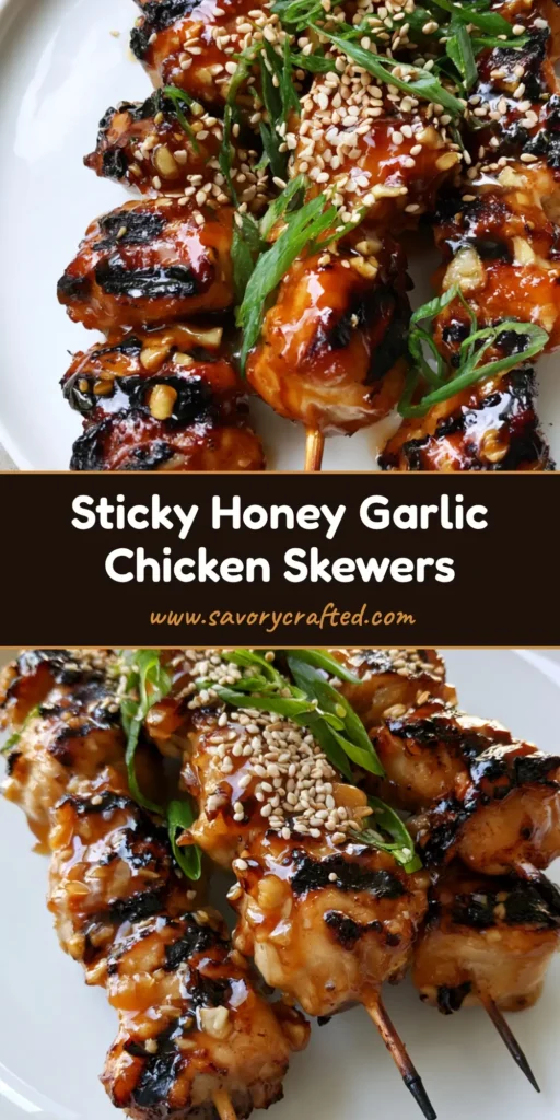 Honey Garlic Chicken Skewers: The Ultimate Sticky Grilled Dinner 4 A close up of Honey Garlic Chicken Skewers on a white plate featuring charred edges and a thick amber glaze topped with sesame seeds.