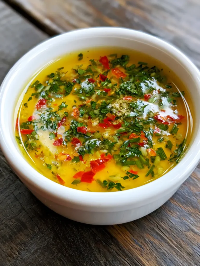 A side view of melted Cowboy Butter showing the shimmer of lemon oil and red chili flakes.
