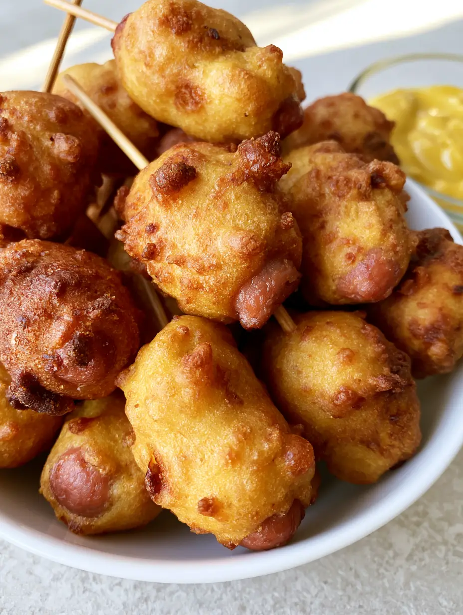 Detailed handheld smartphone photo of Homemade Corn Dog Bites in a white bowl showing the crispy batter texture.