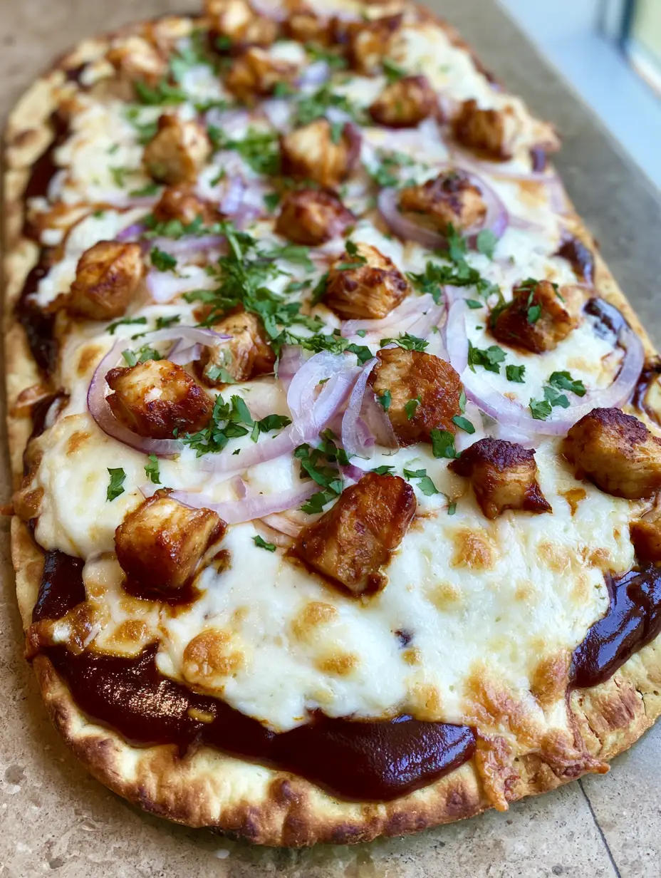 Rectangular crispy BBQ Chicken Flatbread resting on a stone countertop showing golden-brown toasted edges.