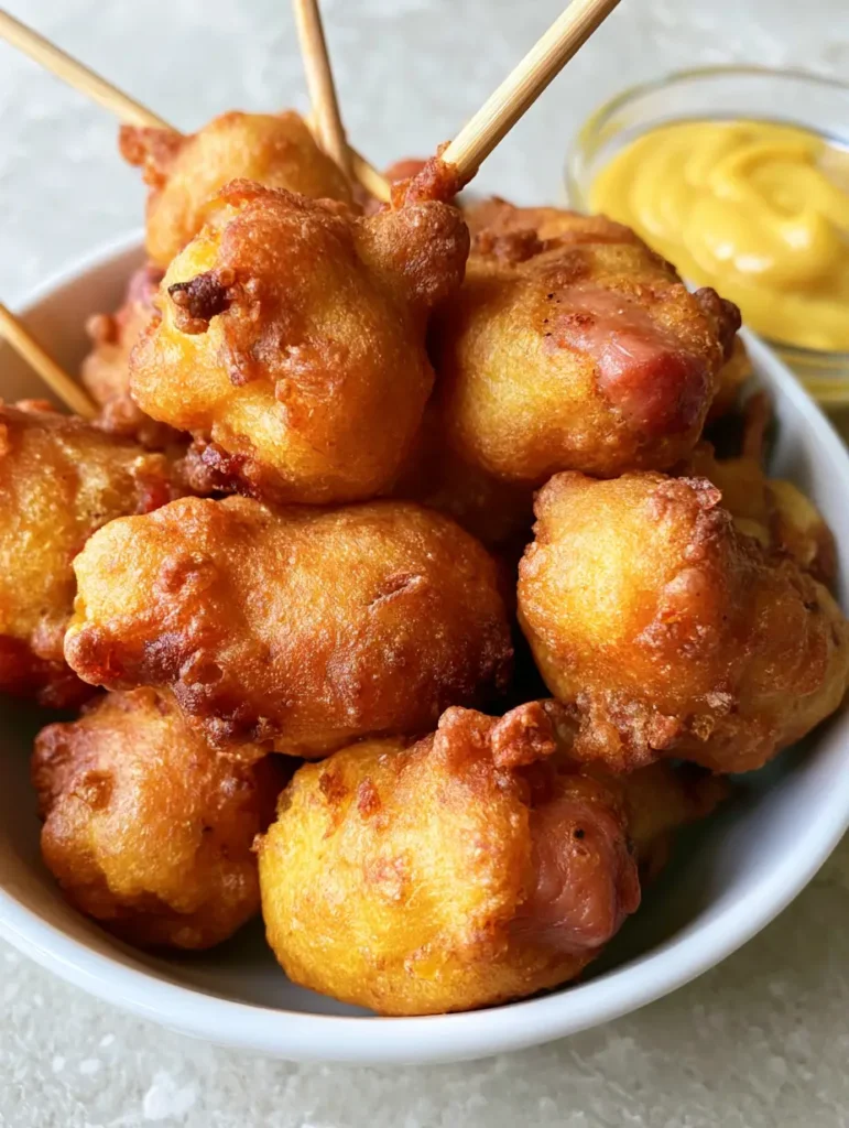 Close up of Homemade Corn Dog Bites on skewers with a visible pink hot dog center and golden amber crust.