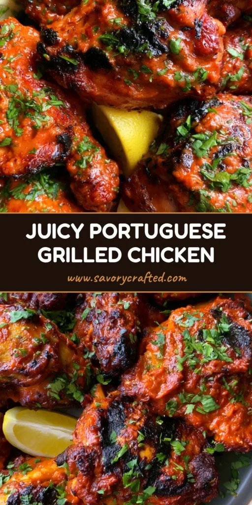 Top-down view of Portuguese Grilled Chicken thighs and drumsticks with charred skin, thick orange-red glaze, and lemon wedges.