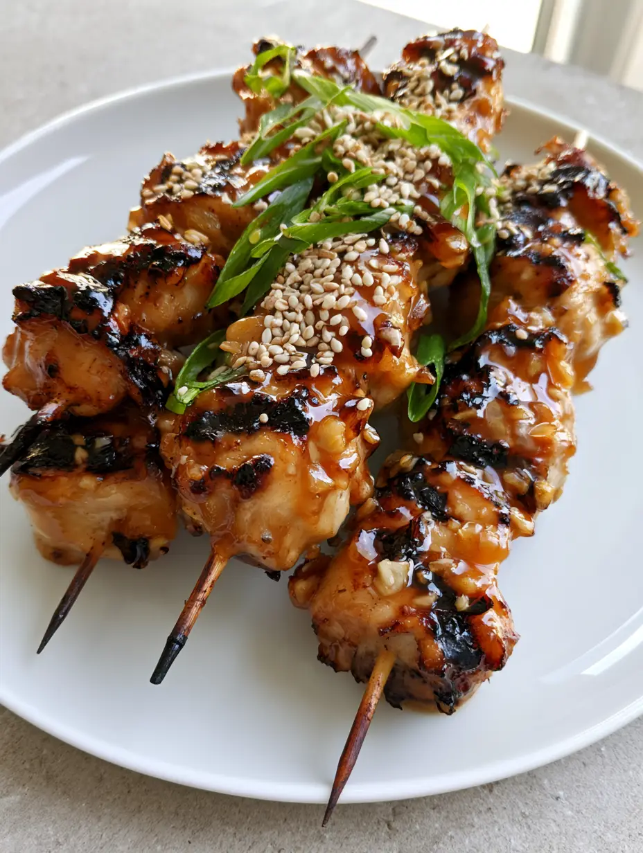 Honey Garlic Chicken Skewers: The Ultimate Sticky Grilled Dinner 3 Handheld photo of Honey Garlic Chicken Skewers with visible minced garlic and charred grill marks on a white plate.