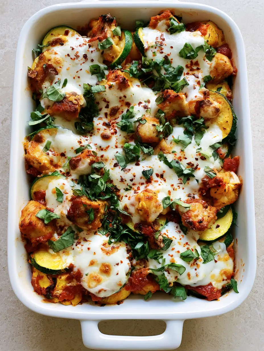 Chicken Zucchini Bake: The Ultimate Low-Carb Cheesy Comfort Food 4 Overhead view of a rectangular white baking dish containing layered zucchini, squash, and seared chicken cubes in tomato sauce for a Chicken Zucchini Bake.