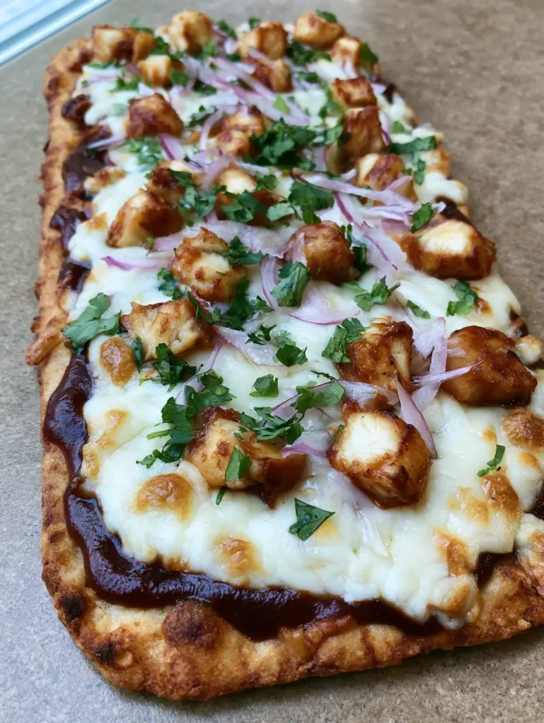 Close up of melted bubbly mozzarella cheese and red onions on a BBQ Chicken Flatbread.