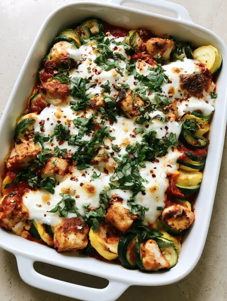 Chicken Zucchini Bake: The Ultimate Low-Carb Cheesy Comfort Food 1 Close up of melted white mozzarella cheese with golden charred spots on top of a Chicken Zucchini Bake.