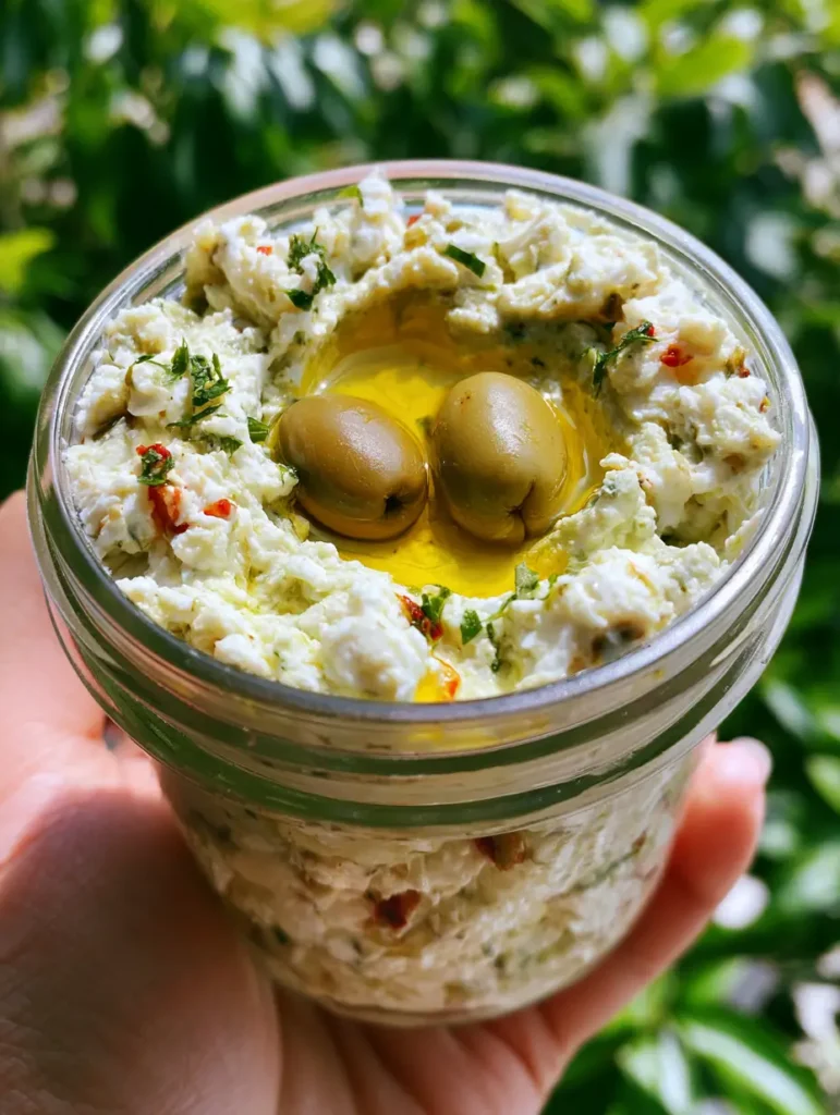 Close up of a chunky Green Olive Dip in a glass jar showing visible white feta curds and minced olives.