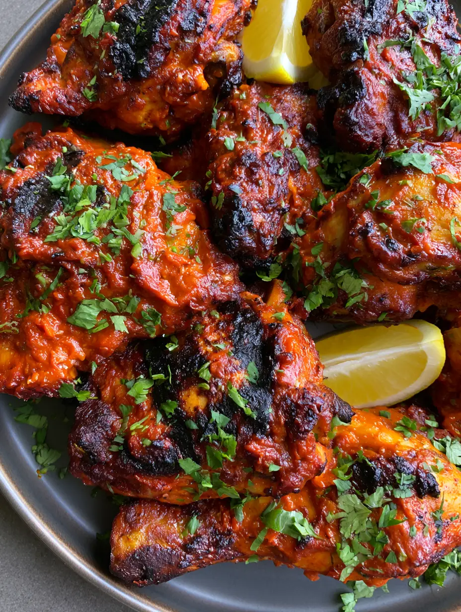 A close-up of charred Portuguese Grilled Chicken pieces heavily coated in a glossy orange sauce on a dark plate.