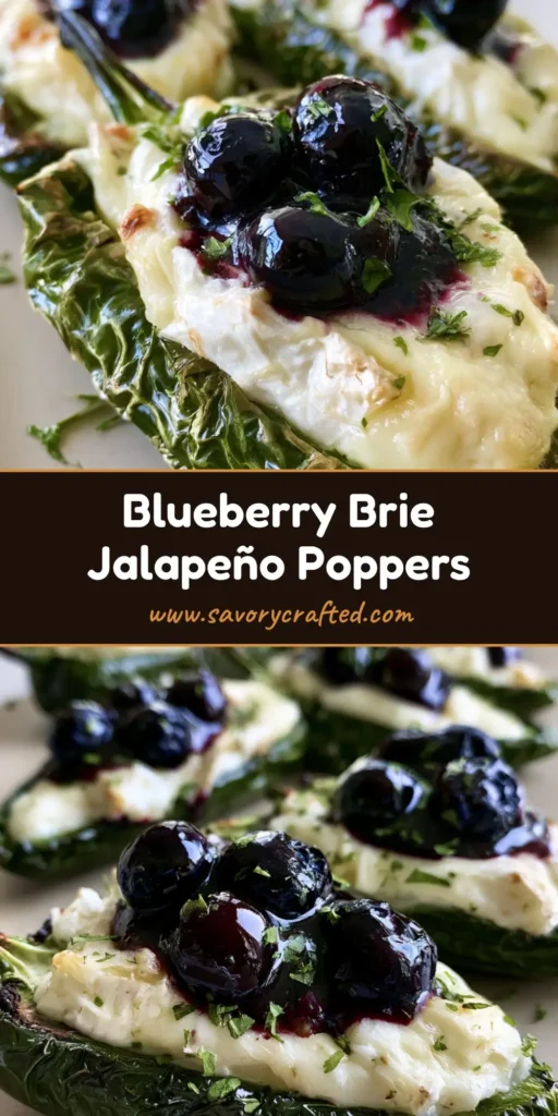 A close-up vertical shot of Blueberry Brie Jalapeño Poppers featuring blistered green pepper skins, melted white brie cheese, and a dark glossy blueberry sauce topping.