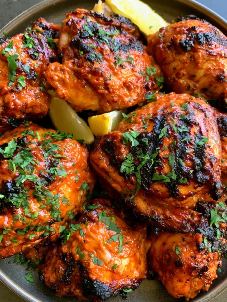 Sizzling Portuguese Grilled Chicken with fresh cilantro flakes and bright yellow lemon wedges.