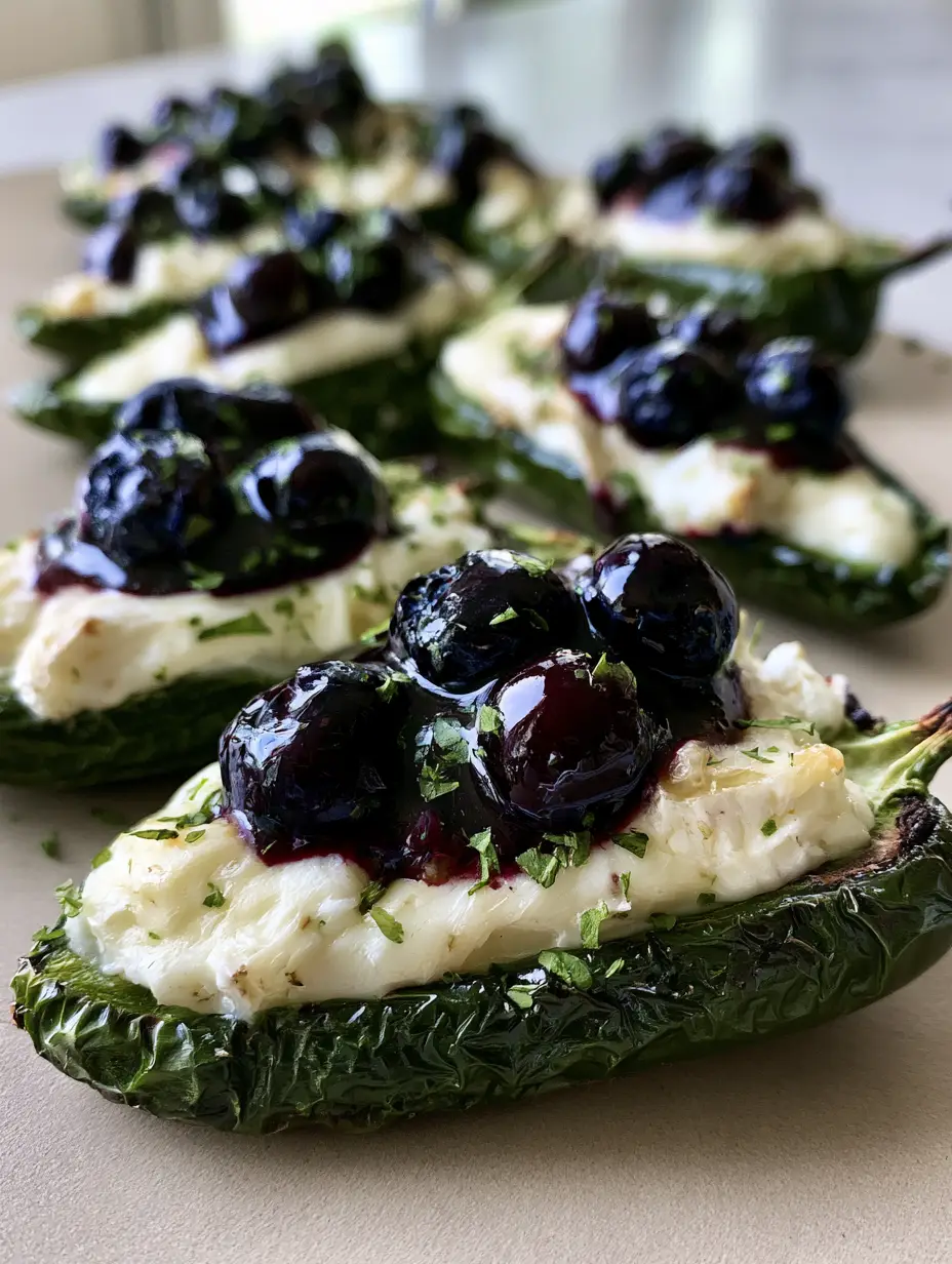 A handheld photo showing a row of roasted Blueberry Brie Jalapeño Poppers with wrinkled skins and gooey cheese on a neutral kitchen counter.