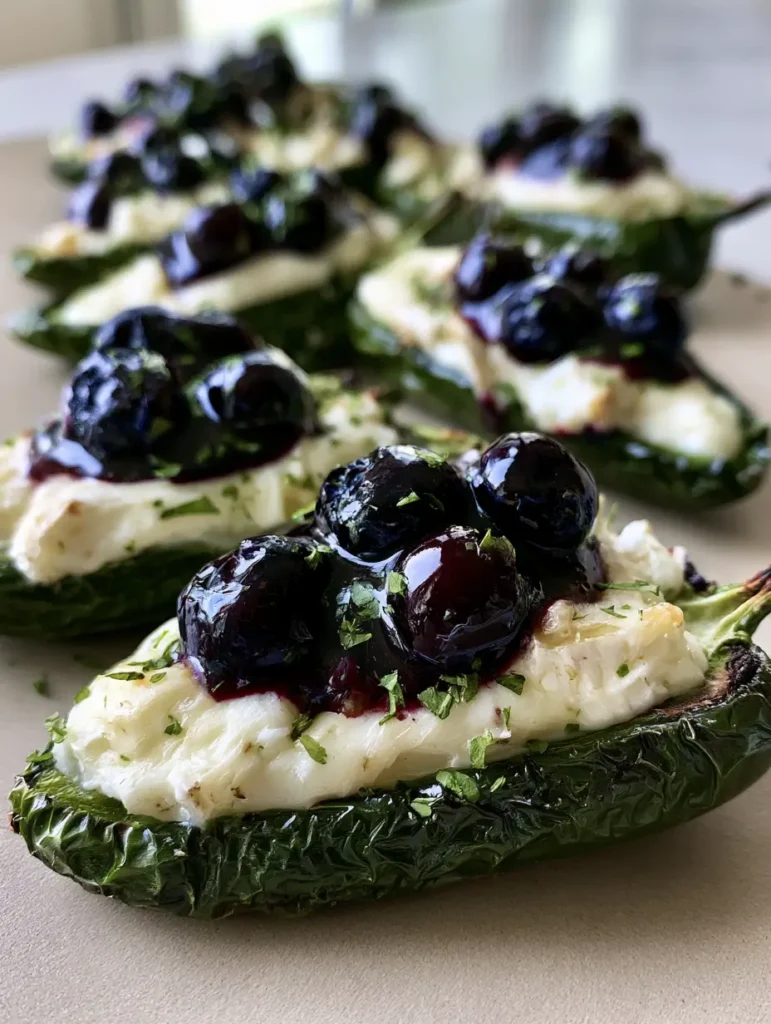 Detailed view of the melted brie and whole blueberries atop a blistered jalapeno popper.