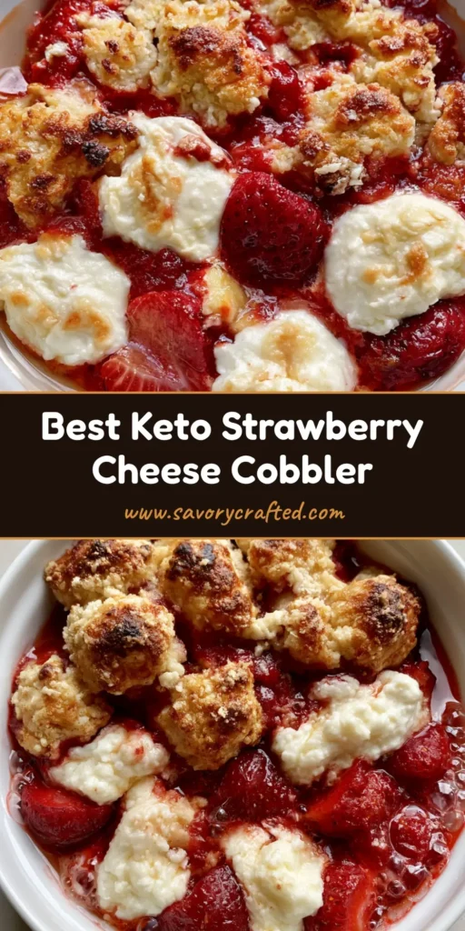Keto Strawberry Cream Cheese Cobbler: The Ultimate Low Carb Dessert 4 A handheld smartphone photo of a Keto Strawberry Cream Cheese Cobbler with a patchy golden crust and bubbling red sauce in a white dish.