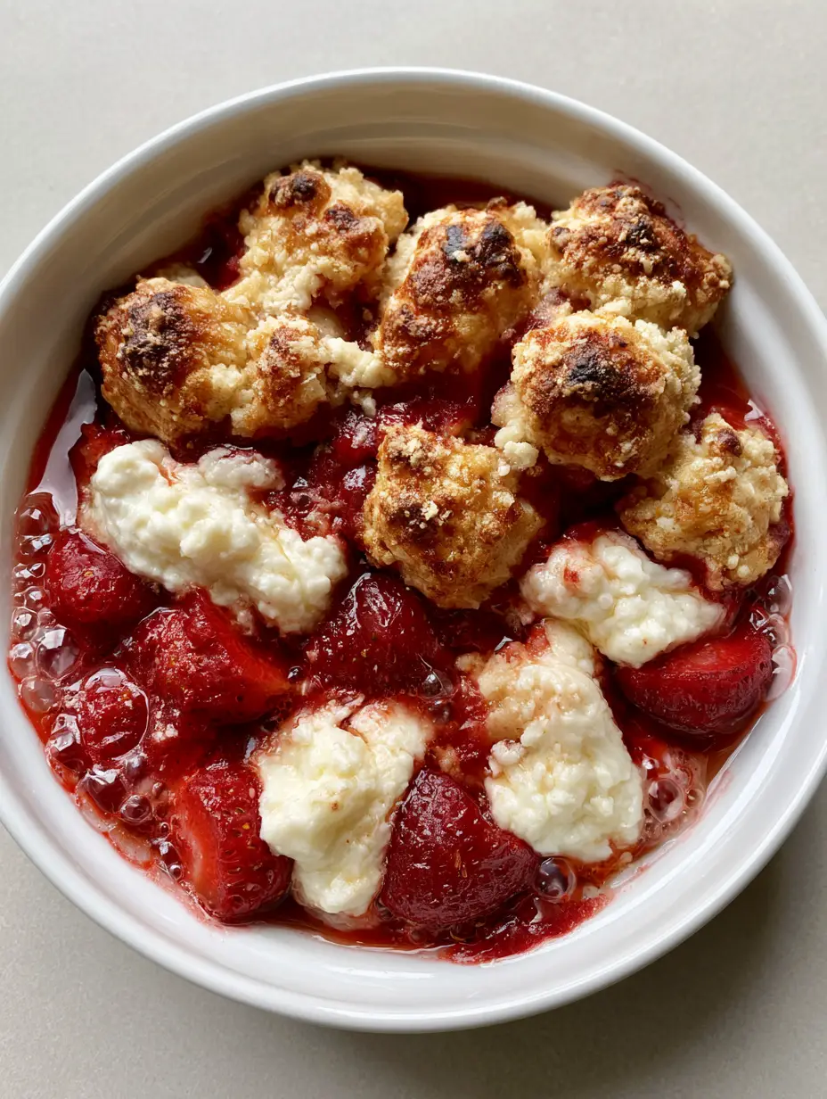 Keto Strawberry Cream Cheese Cobbler: The Ultimate Low Carb Dessert 3 Close up of Keto Strawberry Cream Cheese Cobbler showing bubbling red strawberry sauce and melted cream cheese dollops.