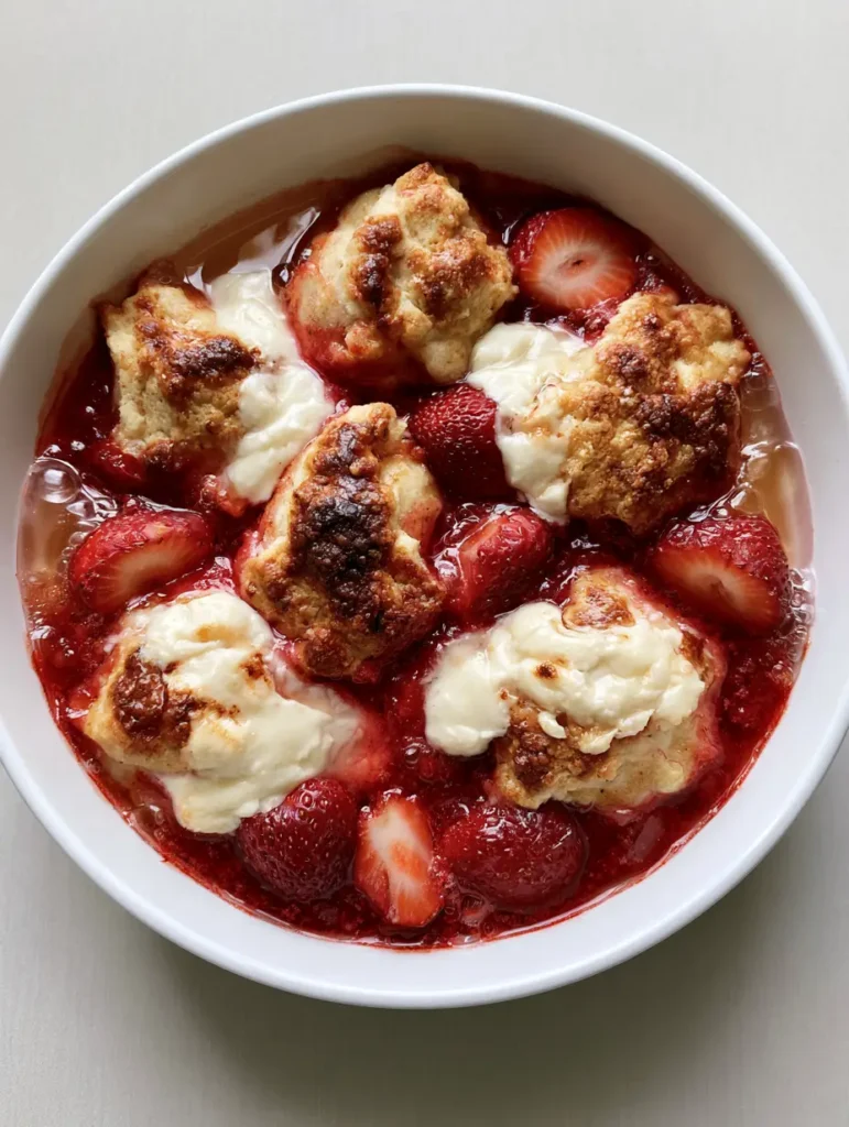 Keto Strawberry Cream Cheese Cobbler: The Ultimate Low Carb Dessert 1 Overhead view of Keto Strawberry Cream Cheese Cobbler in a white ceramic baking dish with charred peaks on the crust.