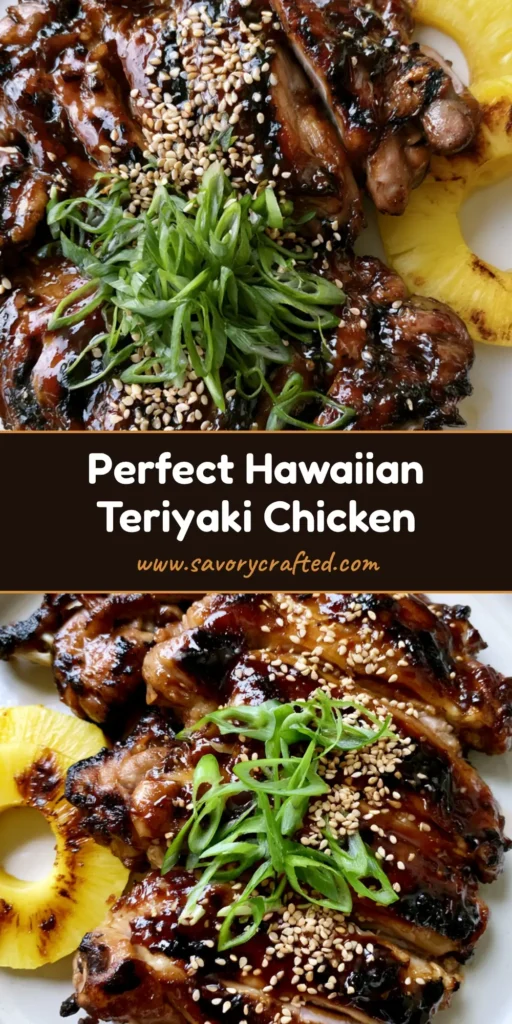 Sliced Hawaiian Teriyaki Chicken thighs with thick dark glaze, toasted sesame seeds, and charred pineapple rings on a white plate.