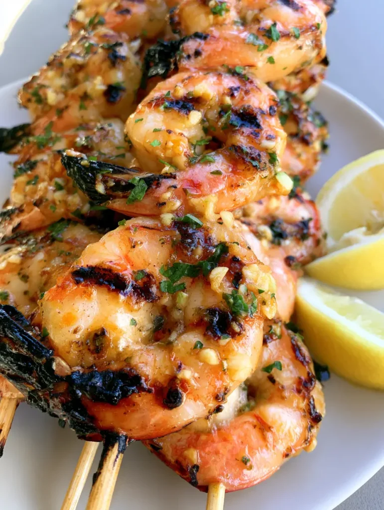 Grilled Shrimp Skewers with Lemon Garlic Oil and Fresh Parsley 1 Close up of Grilled Shrimp Skewers with visible garlic bits and lemon wedges on the side.