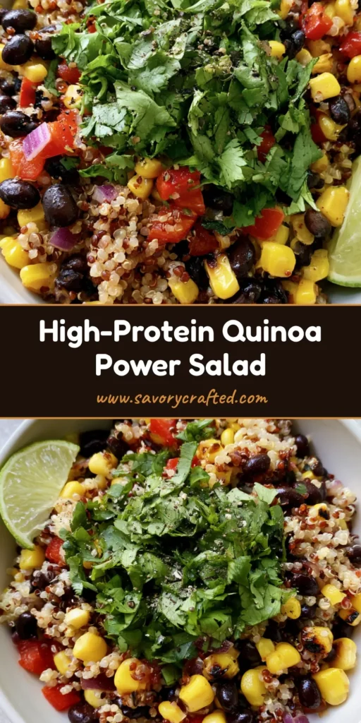 Sweet Corn and Black Bean Quinoa Salad with Zesty Lime Vinaigrette 4 A shallow white bowl filled with Sweet Corn and Black Bean Quinoa Salad, featuring charred corn, black beans, and red bell peppers with a lime wedge on the rim.