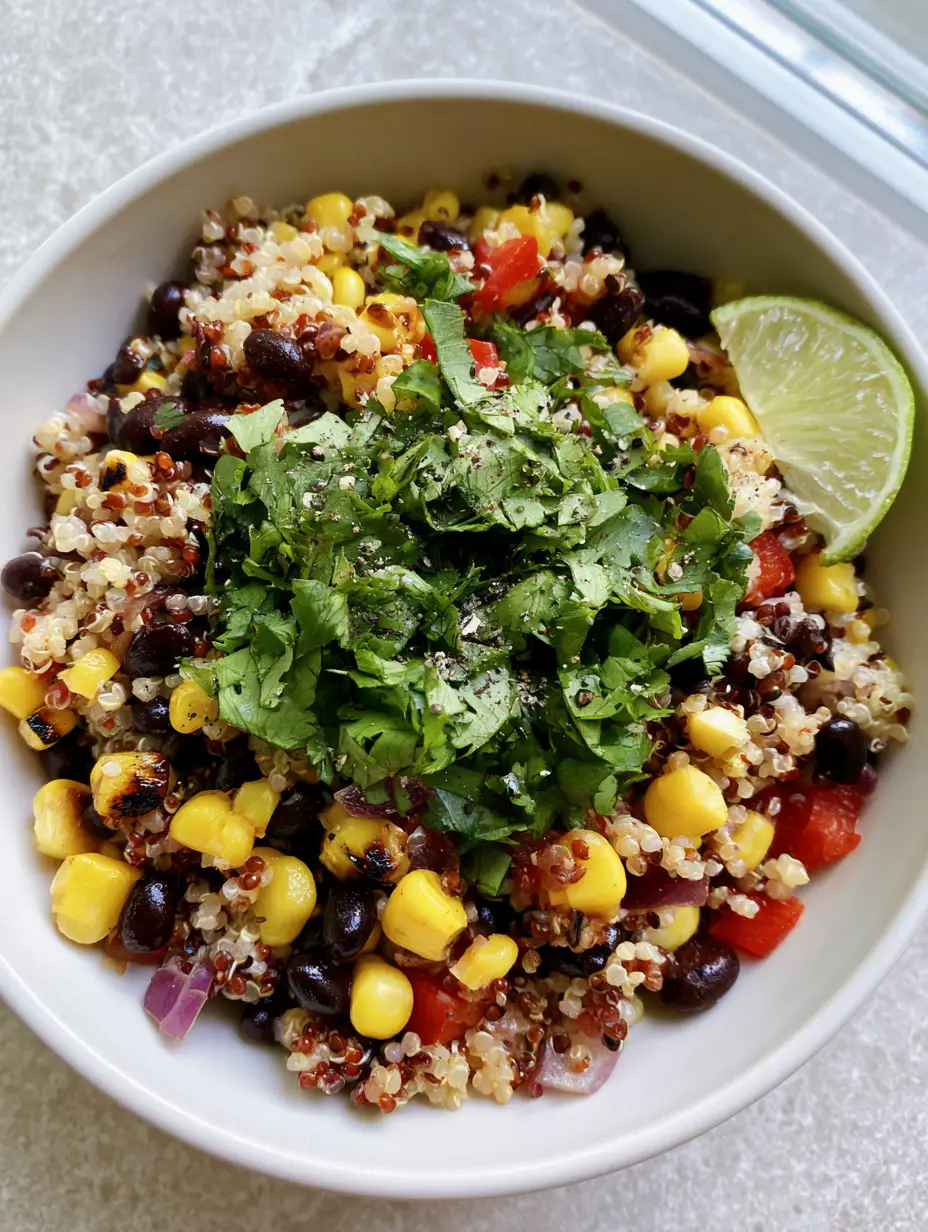 Sweet Corn and Black Bean Quinoa Salad with Zesty Lime Vinaigrette 3 Top-down view of Sweet Corn and Black Bean Quinoa Salad showing fluffy red and white grains and charred yellow corn.