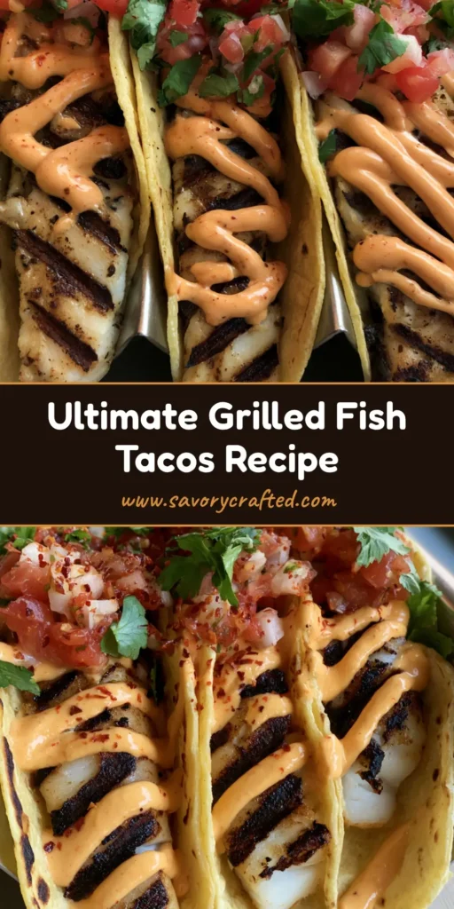 Three Grilled Fish Tacos in a stainless steel rack with charred corn tortillas, flaky fish, and zigzagged orange spicy mayo.