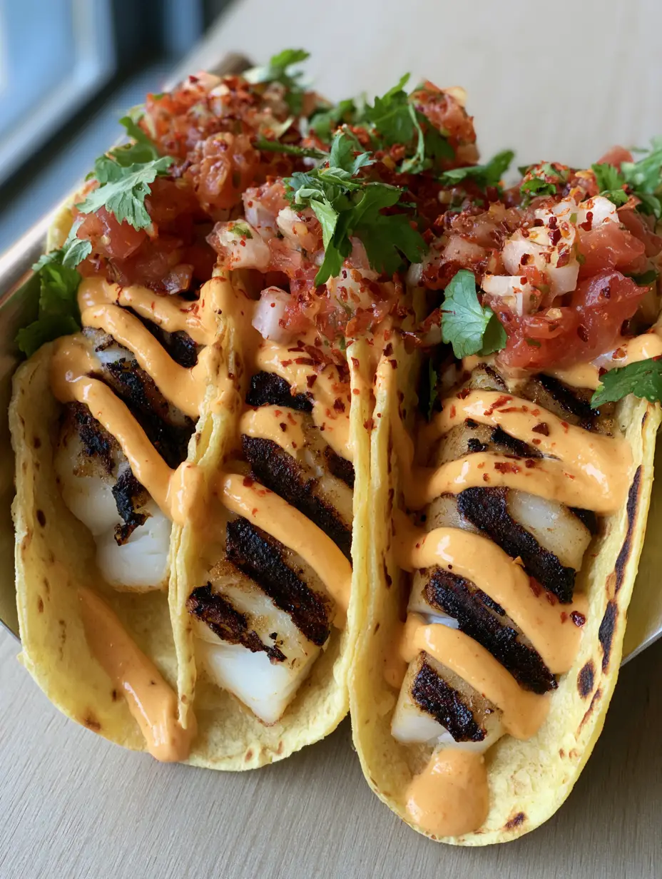 Close up of Grilled Fish Tacos showing dark brown grill marks on flaky white fish fillets and fresh cilantro garnish.
