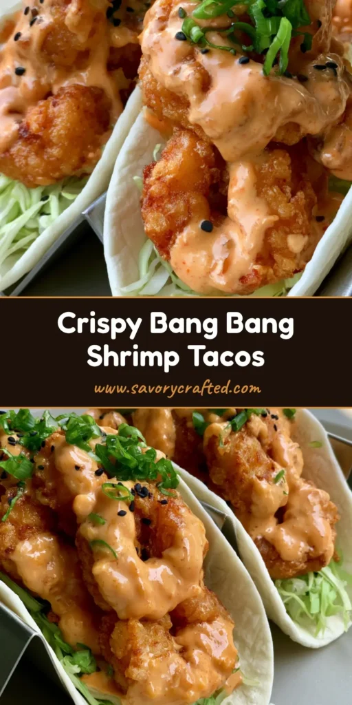 Three Bang Bang Shrimp Tacos in a metal holder with glossy orange sauce, green scallions, and black sesame seeds on a light-grey surface.
