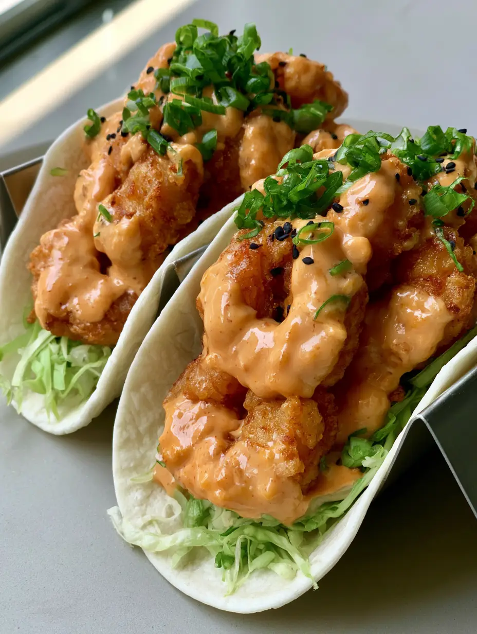 Close-up of golden crispy shrimp coated in orange-pink sriracha mayo inside soft white flour tortillas. (Bang Bang Shrimp Tacos)