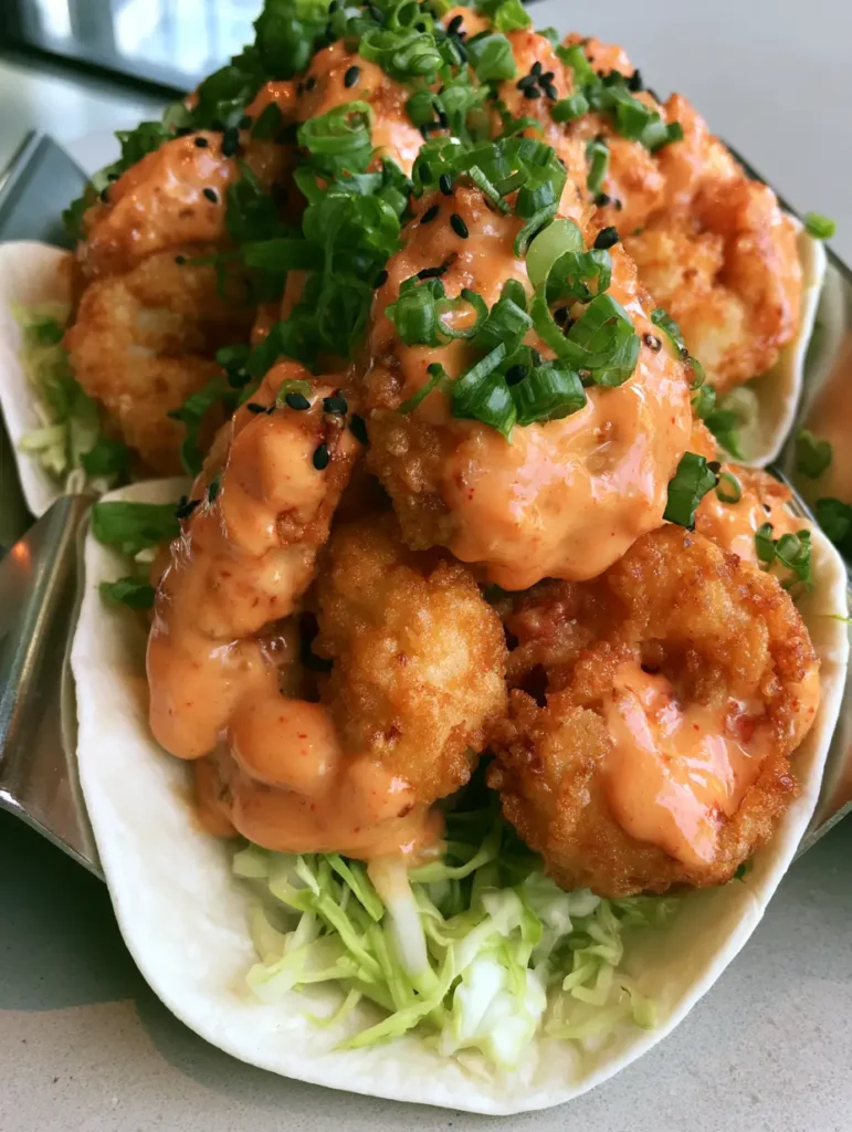 Handheld photo of three Bang Bang Shrimp Tacos with fresh shredded cabbage and scallion garnish.
