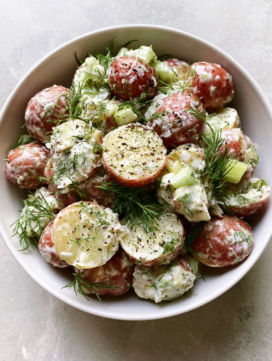 Salt and Vinegar Potato Salad: The Ultimate Tangy Red-Skinned Side Dish 3 Close up handheld photo of Salt and Vinegar Potato Salad in a white ceramic bowl with visible celery and dill sprays. (Salt and Vinegar Potato Salad)