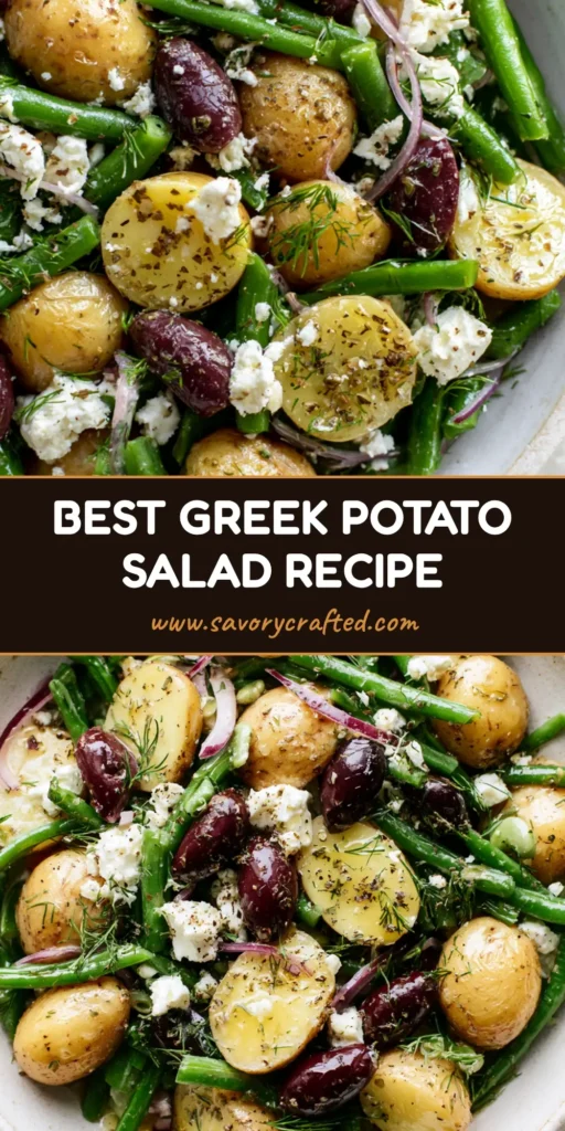 A tall, Pinterest-optimized graphic of Greek Potato Salad with gold potatoes, green beans, and feta in a rustic bowl.