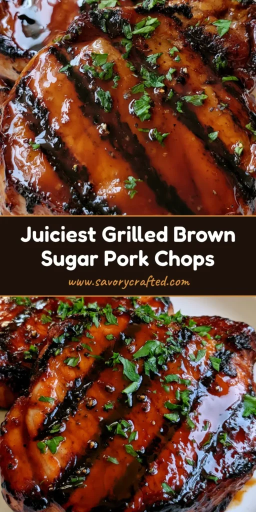 Two thick-cut Grilled Brown Sugar Pork Chops on a white plate with dark amber glaze and fresh parsley garnish.