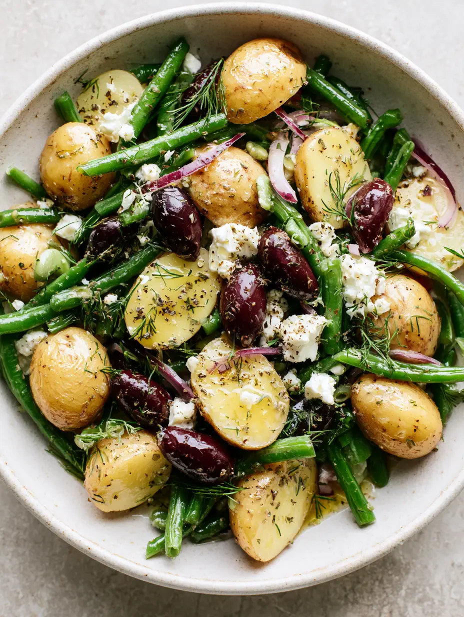 Top-down view of Mediterranean Greek Potato Salad with gold potatoes, green beans, and olives. (Greek Potato Salad)