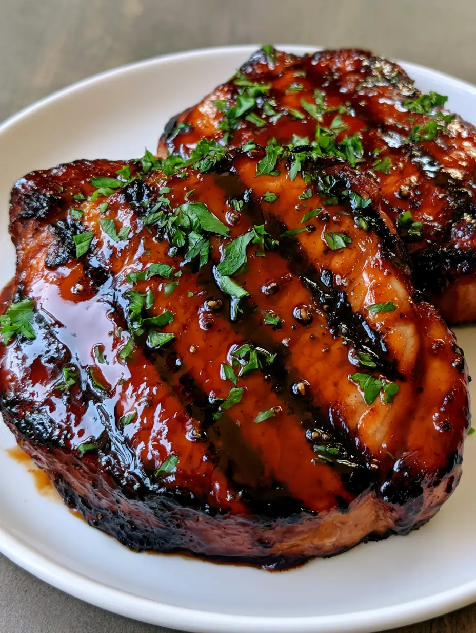 Close-up of glistening Grilled Brown Sugar Pork Chops with diagonal char marks and cracked black pepper.
