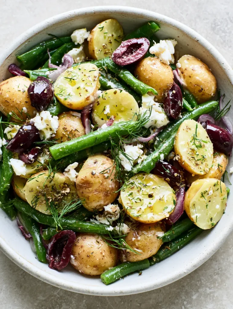 Close-up of Greek Potato Salad showing glossy lemon-herb vinaigrette and crumbled feta. (Greek Potato Salad)