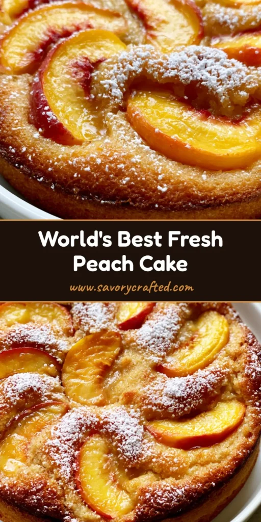 A handheld smartphone photo of a Fresh Peach Cake in a white ceramic dish, featuring golden-brown sponge and juicy peach slices dusted with powdered sugar.