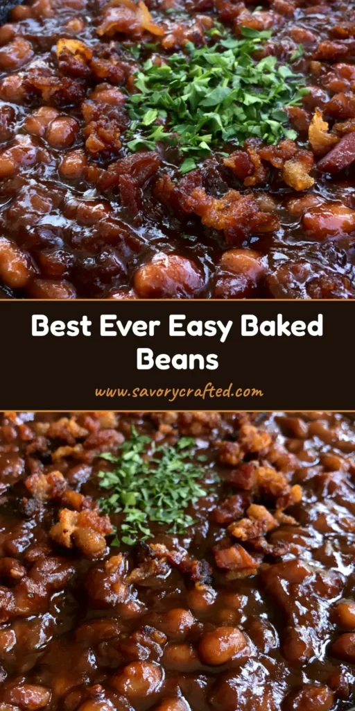 Close-up of Easy Baked Beans in a black cast iron skillet with thick mahogany brown sugar sauce and crispy bacon chunks.