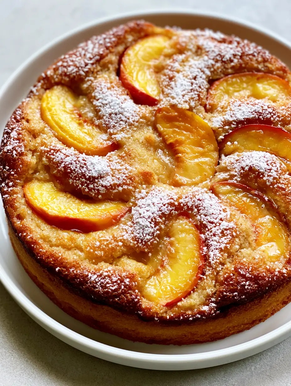 Close-up of Fresh Peach Cake showing the golden-brown moist sponge and thick, curved slices of yellow peaches with red skins.
