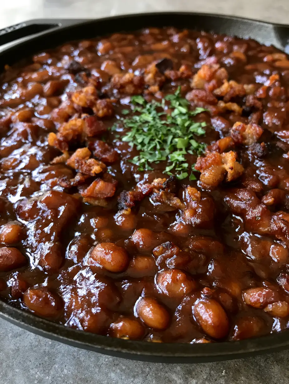 A smartphone photo of Easy Baked Beans featuring soft navy beans and a rich syrupy sauce on a grey stone countertop.