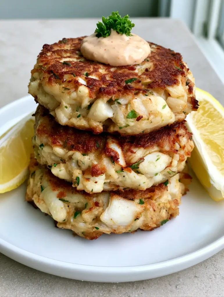 Three thick circular pan-fried crab cakes stacked on a white ceramic plate with visible lump crab meat and parsley flecks. (Copycat Joe's Crab Shack Crab Cakes)