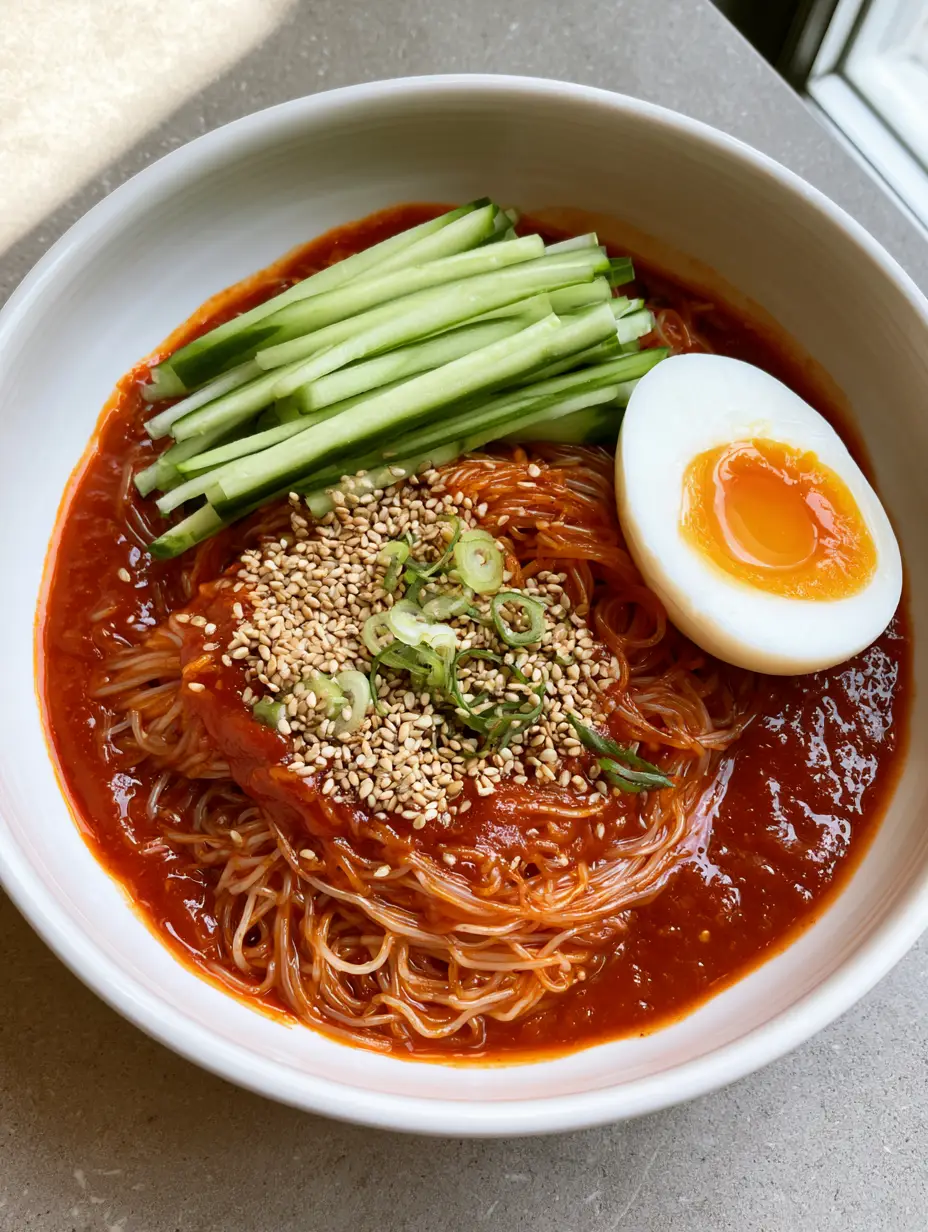 Smartphone photo of Bibim Guksu noodles thoroughly coated in glossy gochujang sauce in a ceramic bowl.