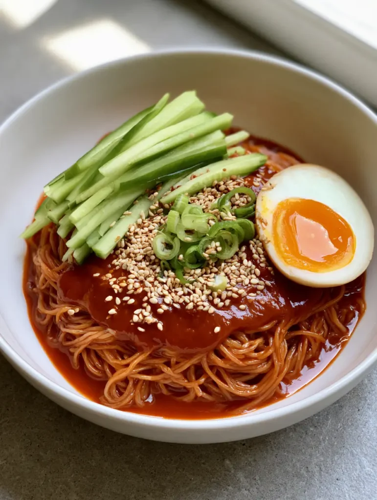 Top view of Bibim Guksu featuring a neat pile of cucumber matchsticks and a liquid bright orange egg yolk.