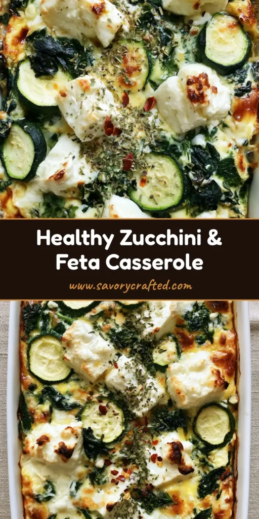 A bubbling Zucchini Spinach Feta Casserole in a white dish with a golden brown crust and red pepper flakes.
