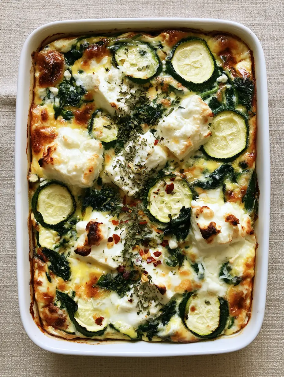 Top-down view of Zucchini Spinach Feta Casserole showing layers of green zucchini and melted feta.