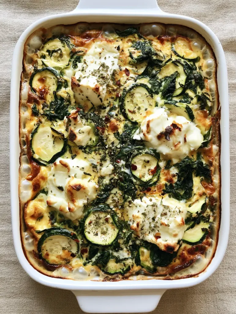 Close-up of the golden brown egg binder and melted mozzarella on the Zucchini Spinach Feta Casserole.