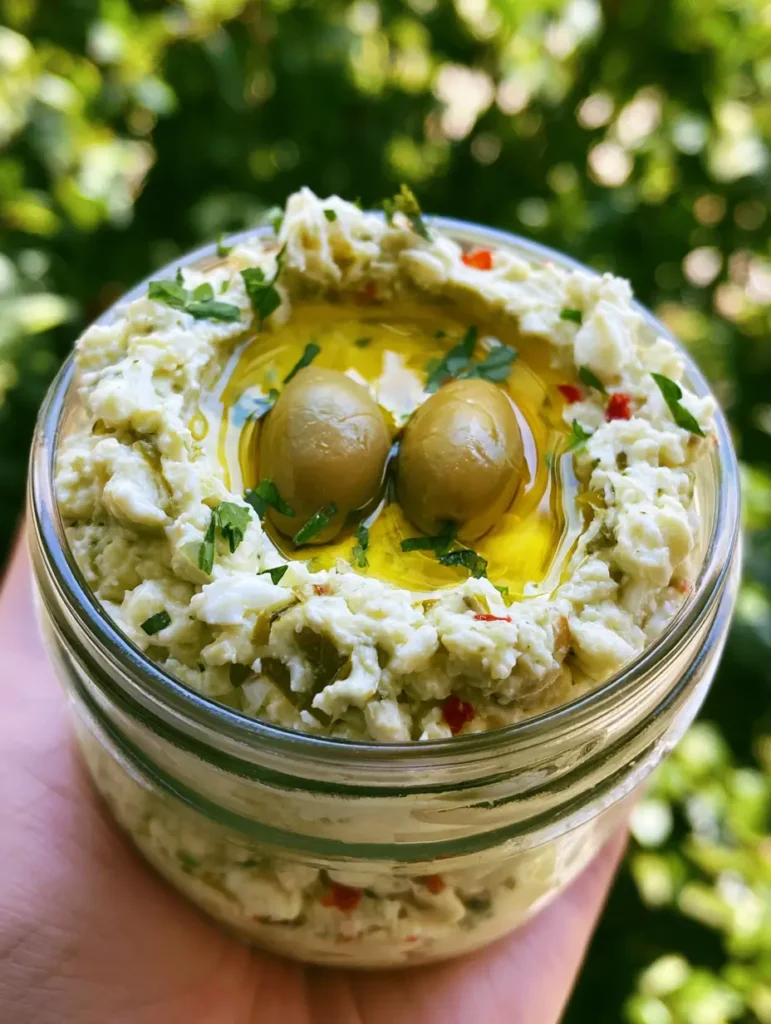 Green Olive Dip: The Ultimate Chunky Whipped Feta Spread 1 Top view of Green Olive Dip with a vibrant yellow-gold olive oil well and fresh parsley garnish.