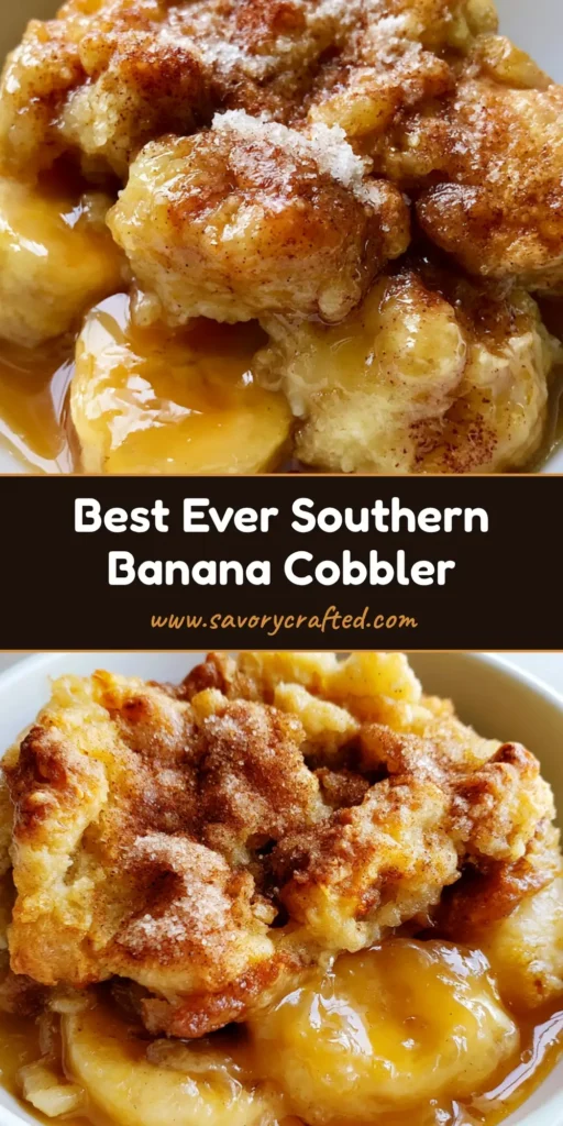 A bubbling dish of Southern Banana Cobbler with a golden-brown biscuit crust and caramelized sauce. (Southern Banana Cobbler)